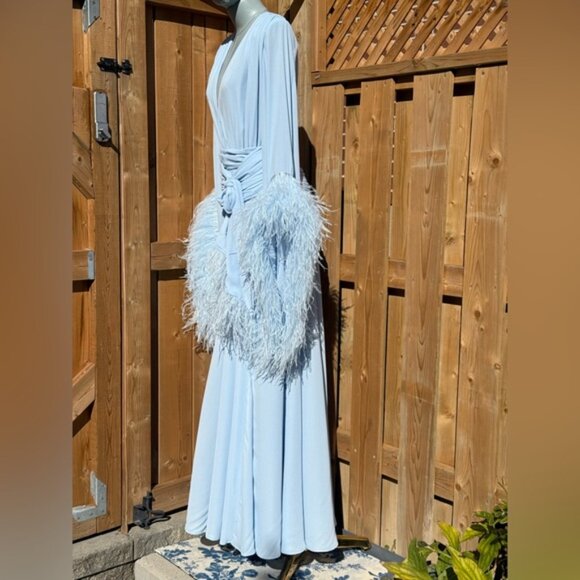 🆕 BRONX & BANCO 🧿 NWOT Geisha Feather-Trim Maxi Dress, Powder Blue - Sz M US 6 - Picture 9 of 16
